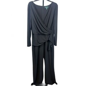 Lauren‎ Ralph Lauren Black Long Sleeve Wrap Front Jersey Jumpsuit Size 14